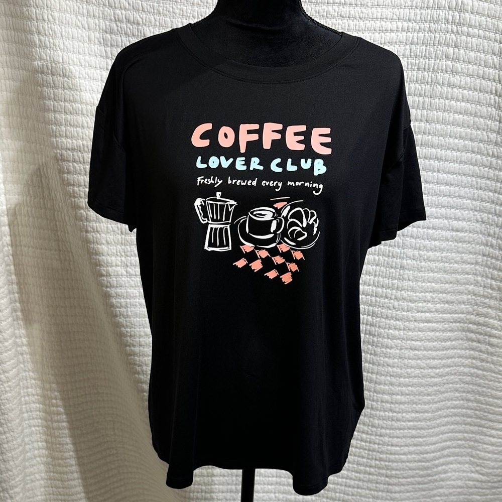 Joyspun Black Coffee Lovers Club Graphic Soft Tee Short Sleeve Size Medium